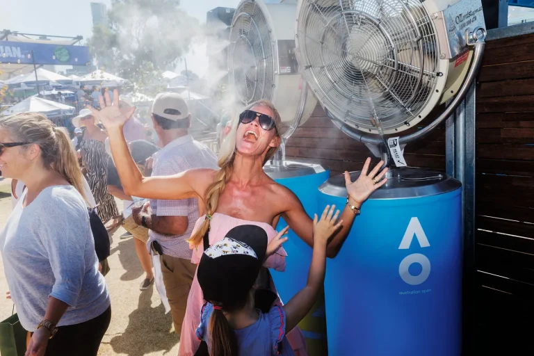 Spectator cooling down under misting fans during extreme heat at the 2018 Australian Open in Melbourne Park.