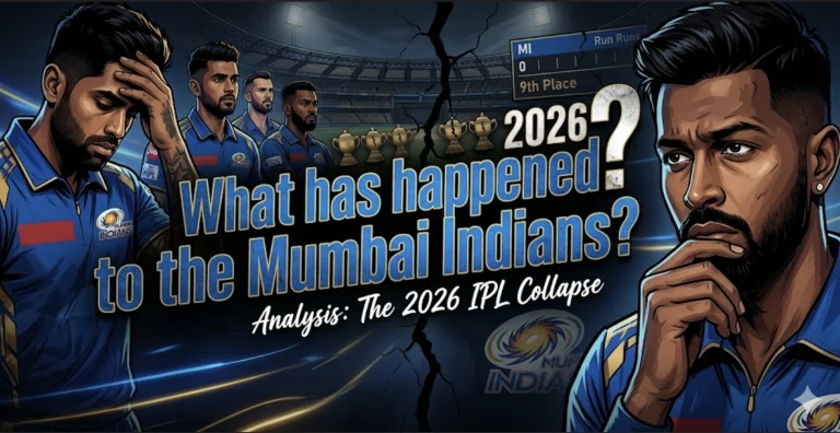 Illustration of disappointed Mumbai Indians players Hardik Pandya and Suryakumar Yadav alongside the text 'What has happened to the Mumbai Indians?' during the IPL 2026 season.