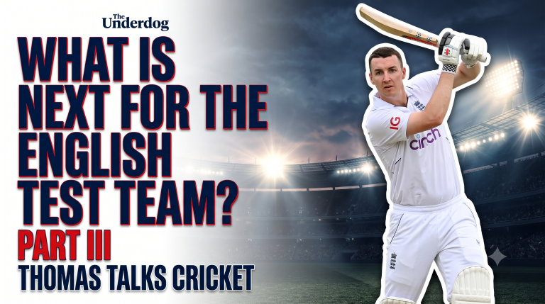 Harry Brook playing a shot in England Test cricket whites, featured graphic for 'What is next for the English Test team? Part III' by Thomas Talks Cricket on The Underdog.