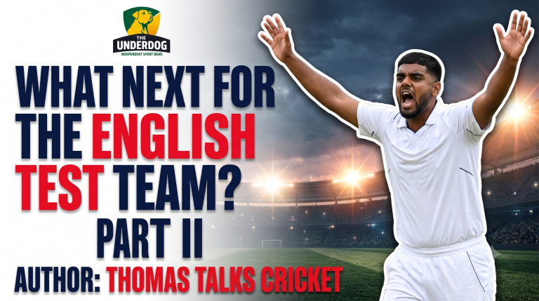 Rehan Ahmed celebrating with arms raised on title graphic for What Next for the English Test Team Part II by Thomas Talks Cricket.