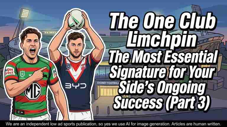 omic-book vector illustration of Cameron Murray shouting in a South Sydney Rabbitohs jersey next to Sam Walker holding a rugby ball in a Sydney Roosters jersey, positioned in front of Sydney Football Stadium with headline text reading 'The One Club Linchpin'.