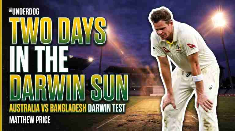 Australian cricketer Steve Smith looking exhausted in Test whites alongside graphic title reading Two Days in the Darwin Sun for Australia vs Bangladesh Darwin Test match article by Matthew Price
