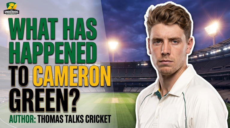 Australian cricketer Cameron Green in Test whites with text reading "What Has Happened to Cameron Green?"