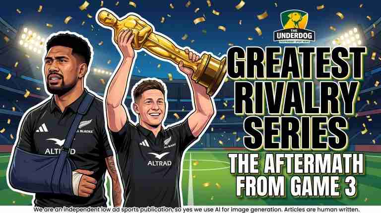 Illustration of All Blacks players Ardie Savea with his arm in a sling and Ruben Love holding a trophy, for The Aftermath from Game 3 article graphic on The Underdog.