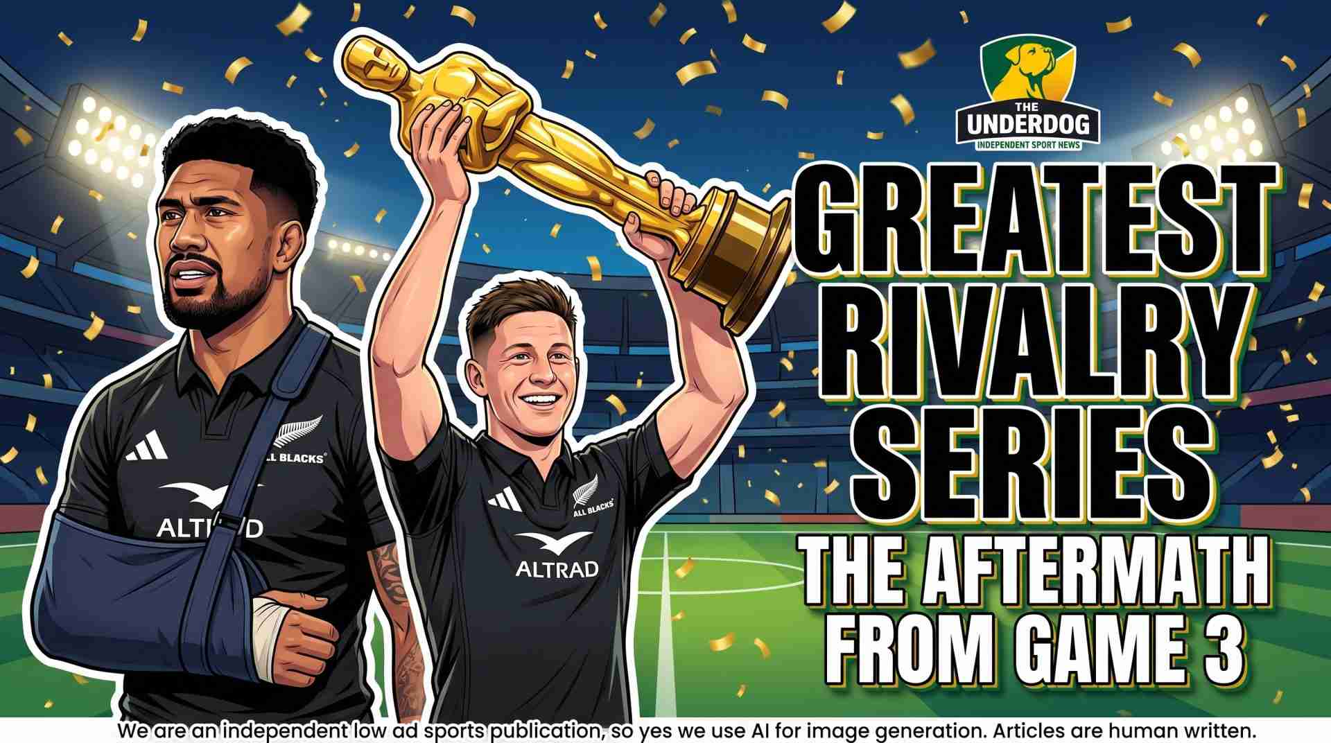 Illustration of All Blacks players Ardie Savea with his arm in a sling and Ruben Love holding a trophy, for The Aftermath from Game 3 article graphic on The Underdog.