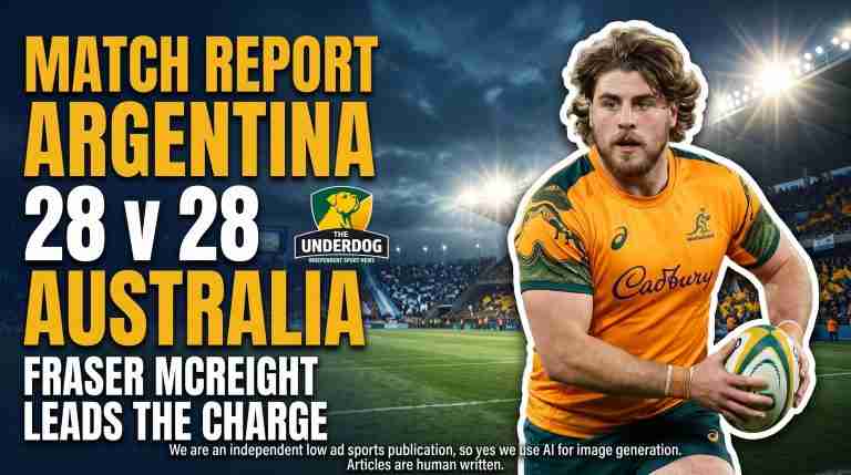 Match report graphic for Argentina vs Australia 28-28 draw featuring Wallabies player Fraser McReight carrying a rugby ball at Estadio Malvinas Argentinas, published by The Underdog Independent Sport News.