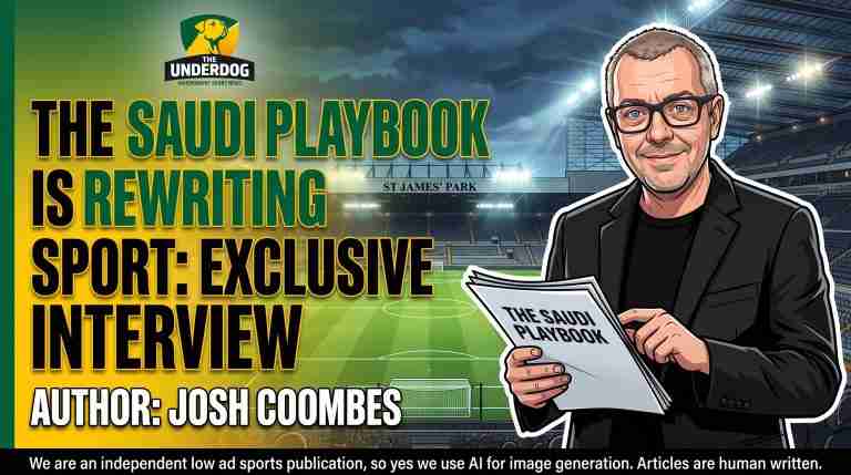 Illustrated graphic of John Hird holding a Saudi Playbook report inside St James Park stadium for an exclusive interview on sportswashing.