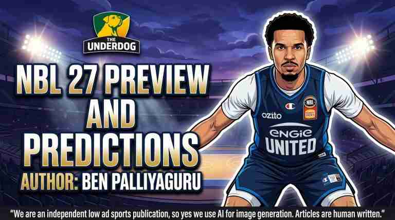 A stylized digital illustration of a male basketball player in a blue 'UNITED' jersey featuring 'ozito', 'ENGIE', and NBL logos. He is in a determined stance under bright stadium spotlights. Large, bold text on the left side reads 'NBL 27 PREVIEW AND PREDICTIONS', with smaller text below reading 'AUTHOR: BEN PALLIYAGURU'. 'THE UNDERDOG' logo (a pug) is at the top left. The illustrative style is highly detailed, resembling high-end comic art or video game graphics.