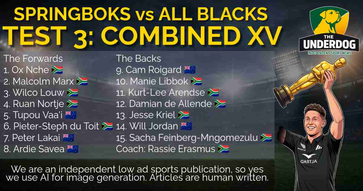 Infographic listing the Springboks vs All Blacks Test 3 Combined XV lineup and head coach Rassie Erasmus by The Underdog.