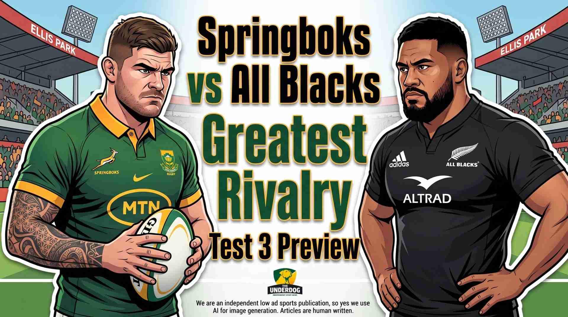 Vector graphic thumbnail previewing Springboks vs All Blacks Test 3 at Ellis Park, featuring an intense face-off illustration between Malcolm Marx and Asafo Aumua.