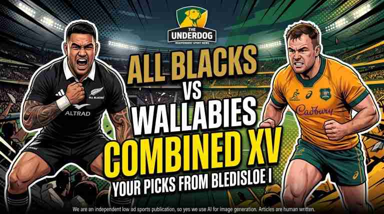 Comic-book sports vector illustration of Codie Taylor in an All Blacks jersey and Harry Wilson in a Wallabies jersey in an intense face-off pose at Eden Park, featuring text that reads 'All Blacks vs Wallabies Combined XV: Your Picks From Bledisloe I' for The Underdog news.
