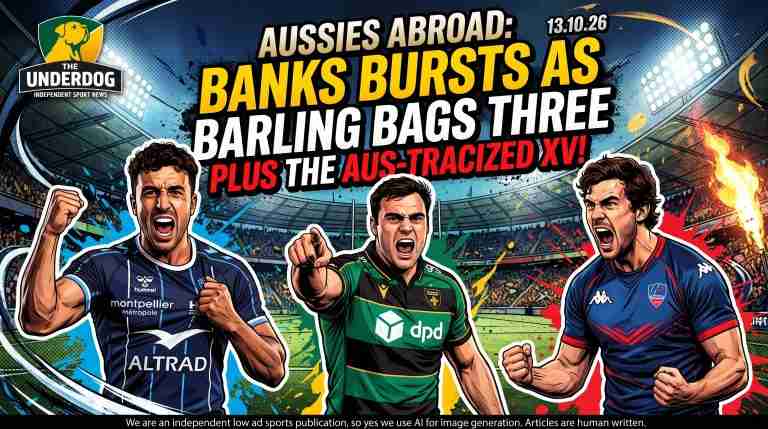 Comic-book vector sports illustration of Australian rugby union players Tom Banks in a Montpellier jersey, Josh Kemeny in Northampton kit, and Jake Strachan in Aurillac colors, celebrating under stadium lights for The Underdog's Aussies Abroad feature.