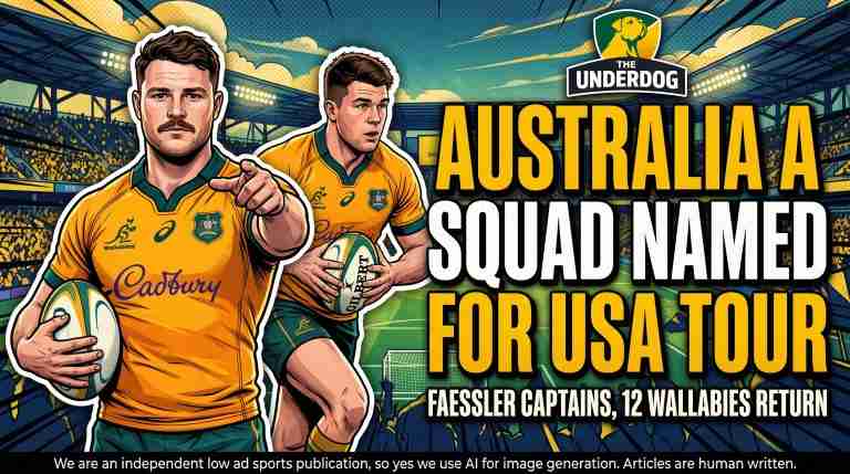 Comic-book style sports graphic of Australia A captain Matt Faessler pointing forward alongside Eamon Doyle in yellow Wallabies jerseys for the USA Tour announcement.