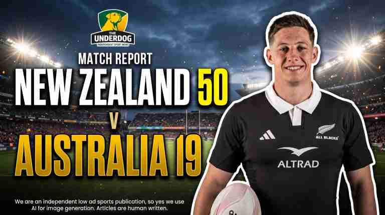 Sports match report thumbnail for The Underdog featuring All Blacks player Cam Roigard holding a rugby ball in front of a stadium under bright floodlights, with bold text reading "MATCH REPORT: NEW ZEALAND 50 v AUSTRALIA 19".