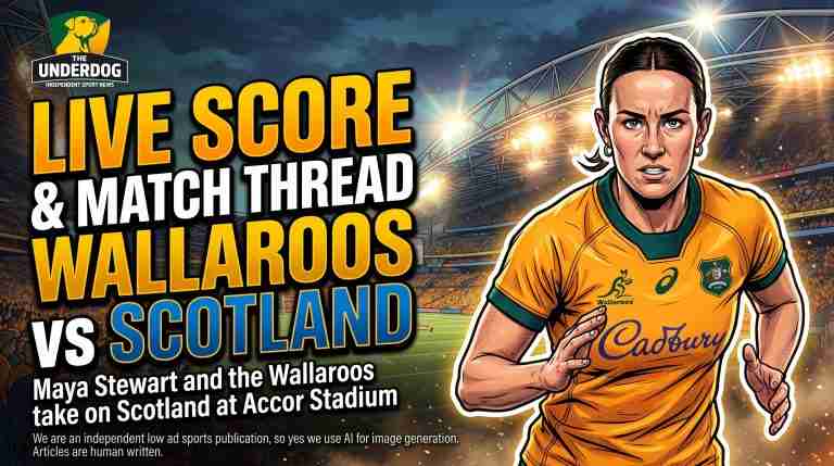 Graphic illustration of Australia Wallaroos player Maya Stewart for The Underdog live score and match thread against Scotland at Accor Stadium Sydney.