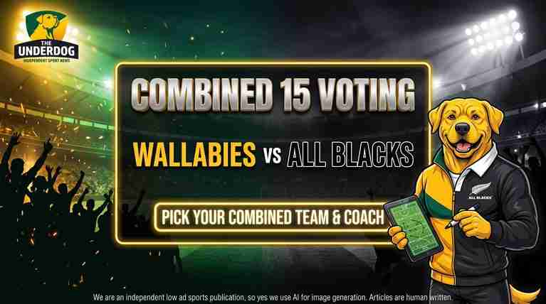The Underdog sports mascot in a split Wallabies and All Blacks jacket presenting the Combined 15 voting board for Australia vs New Zealand rugby.