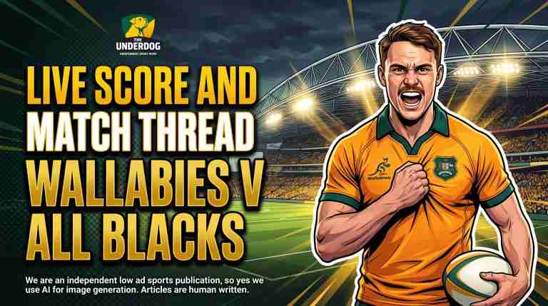 Vector comic illustration of Declan Meredith celebrating in a Wallabies gold jersey with Accor Stadium in the background, promoting The Underdog's Wallabies v All Blacks live score and match thread.